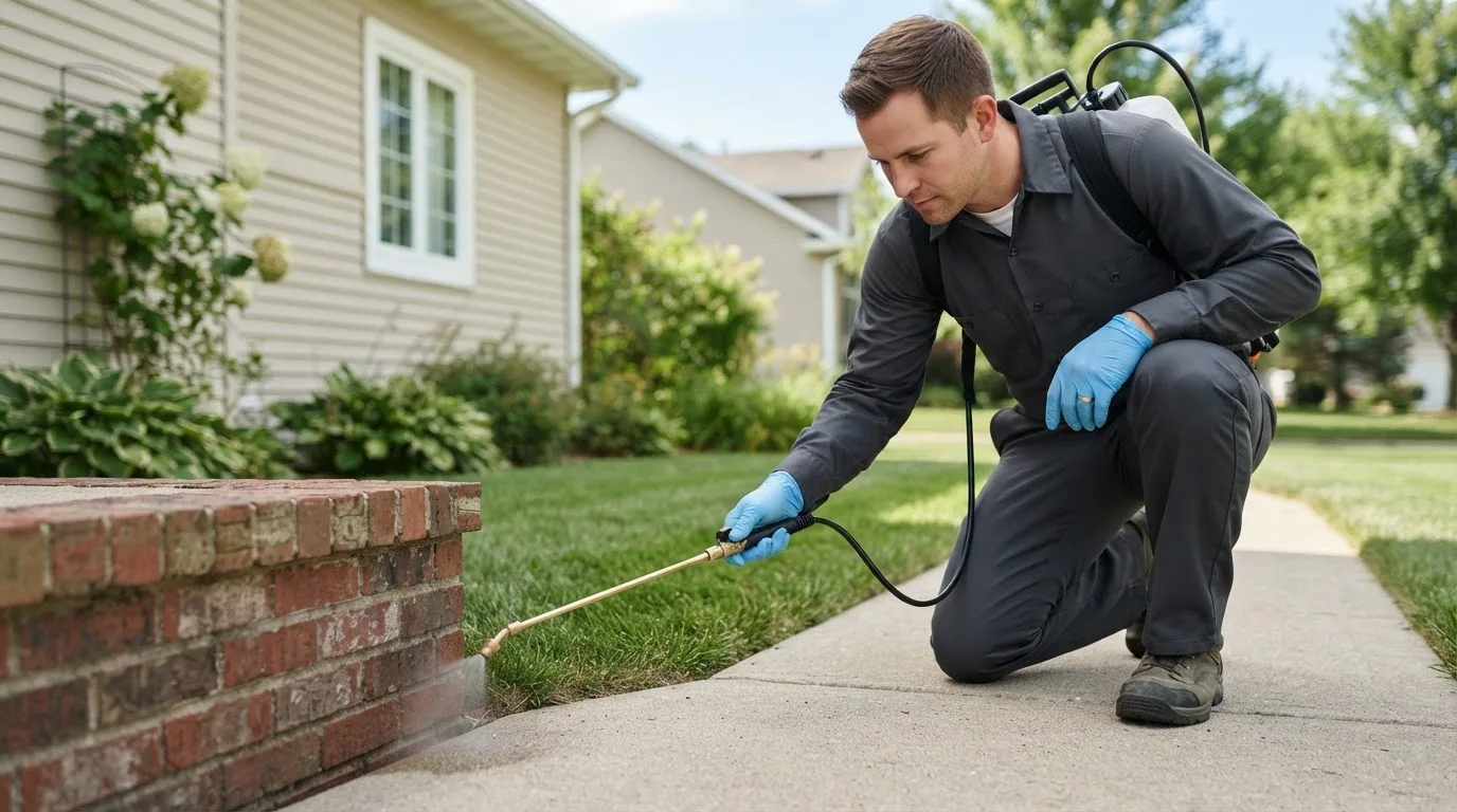 Pest control technician treating a home near Winfall, NC